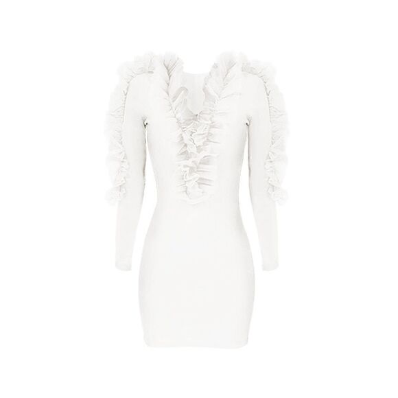 🤍 Deep V-Neck Cleavage Flounce Ruffle Bodycon Party Mini White Dress SIZE M NEW - Picture 6 of 15